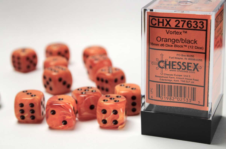 CHESSEX CHX 27633 16MM D6 DICE SET VORTEX ORANGE W/BLACK