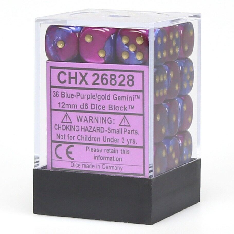 CHESSEX CHX 26828 12MM D6 DICE SET BLUE PURPLE W/GOLD GEMINI