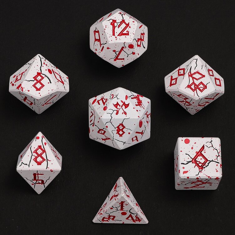 HYMGHO HYMGHO METAL BARBARIAN DICE POLYHEDRAL SET MATTE WHITE WITH BLOOD RED