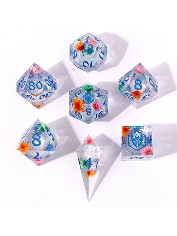 HYMGHO HYMGHO CAPTURED MAGIC HAND SANDED SHARP EDGE RESIN LIQUID CORE DICE SET MANA BLOSSOM