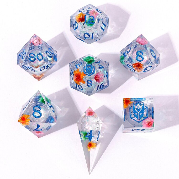 HYMGHO HYMGHO CAPTURED MAGIC HAND SANDED SHARP EDGE RESIN LIQUID CORE DICE SET MANA BLOSSOM