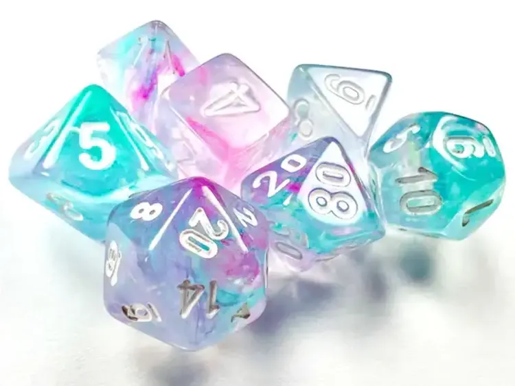 CHESSEX CHX 20545 NEBULA; WISTERIA/WHITE MINI POLY 7PC DICE SET