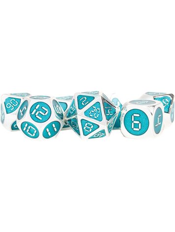 MDG 16MM MDG METAL POLY DICE SET SILVER WITH TEAL ENAMEL