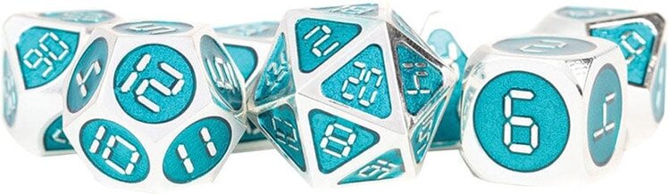 MDG 16MM MDG METAL POLY DICE SET SILVER WITH TEAL ENAMEL