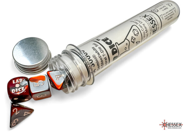 CHESSEX CHX 30066 LAB DICE 7 PC POLY DICE SET GEMINI RED-STEEL/WHITE