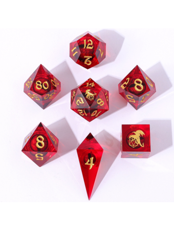 HYMGHO CAPTURED MAGIC HAND SANDED SHARP EDGE RESIN DICE SET BEHOLDER'S GAZE RED
