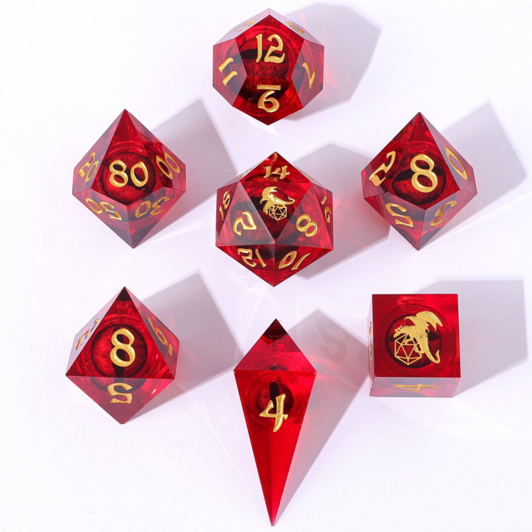 HYMGHO CAPTURED MAGIC HAND SANDED SHARP EDGE RESIN DICE SET BEHOLDER'S GAZE RED
