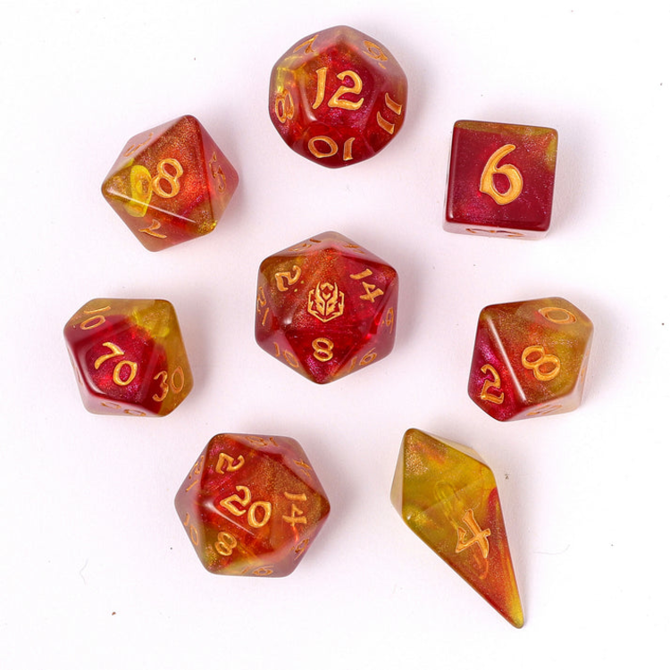 HYMGHO WYRMFORGED ROLLERS - ROUNDED EDGE 8 PIECE POLY DICE SET - PHOENIX FEATHER