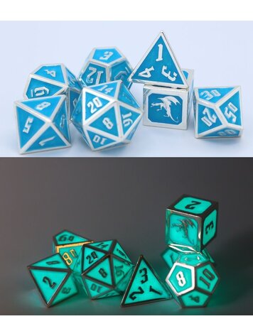 HYMGHO SOLID METAL DRACONIS DICE SET - GLOW IN THE DARK BLUE