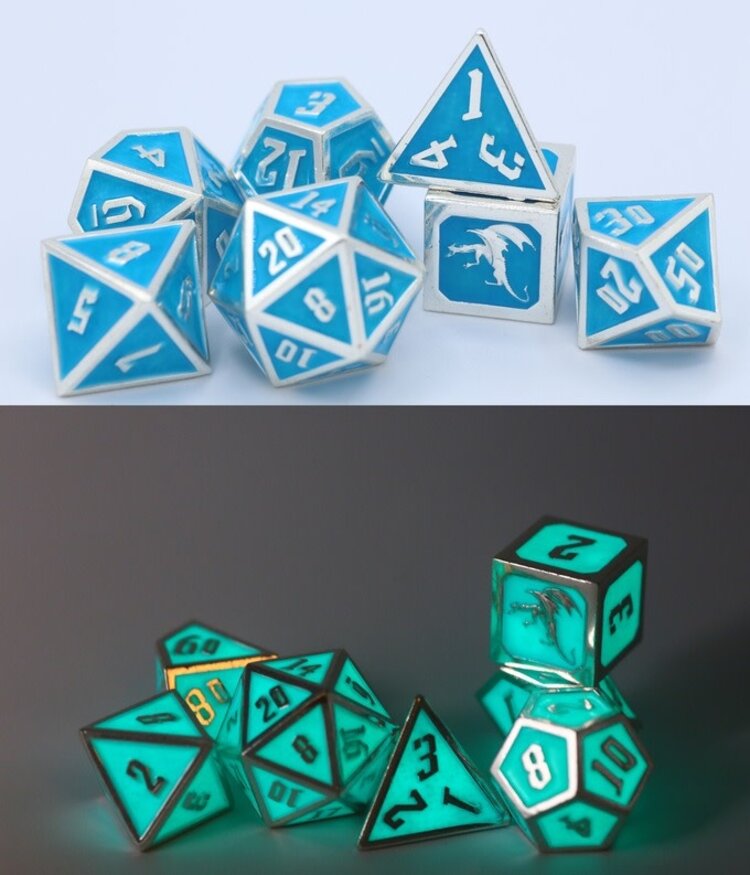 HYMGHO SOLID METAL DRACONIS DICE SET - GLOW IN THE DARK BLUE