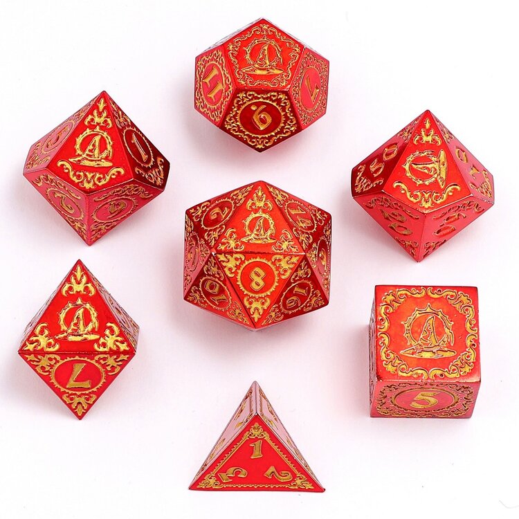 HYMGHO HYMGHO WIZARD SOLID METAL POLYHEDRAL DICE SET RED WITH GOLD