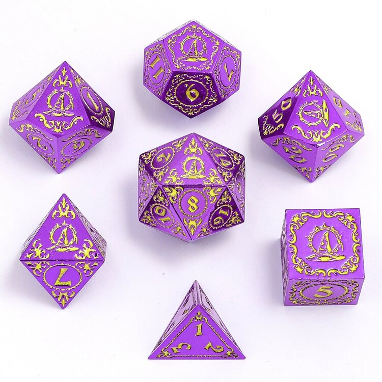 HYMGHO HYMGHO WIZARD SOLID METAL POLYHEDRAL DICE SET PURPLE WITH GOLD