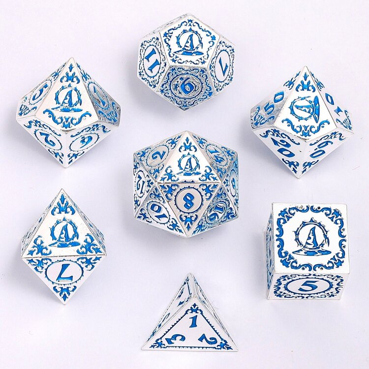 HYMGHO HYMGHO WIZARD SOLID METAL POLYHEDRAL DICE SET SILVER WITH BLUE