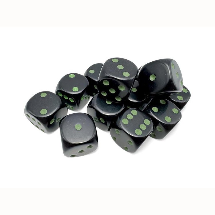 CHESSEX CHX 25658 16MM 12CT D6 DICE OPAQUE BLACK/GREEN