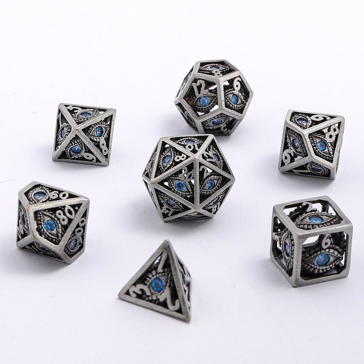 HYMGHO HYMGHO MINI DRAGON'S EYE HOLLOW METAL DICE SET - AQUA BLUE GEMS