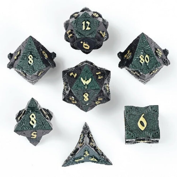 HYMGHO HYMGHO SOLID METAL PALADIN CLASS RPG DICE SET GLITTER - GREEN W/ GOLD