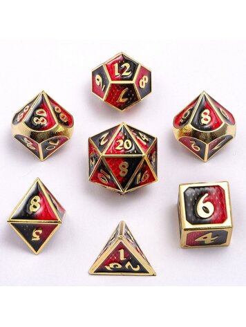 HYMGHO HYMGHO SOLID METAL MINI BEHEMOTH DICE SET - GOLD WITH RED AND BLACK ENAMEL