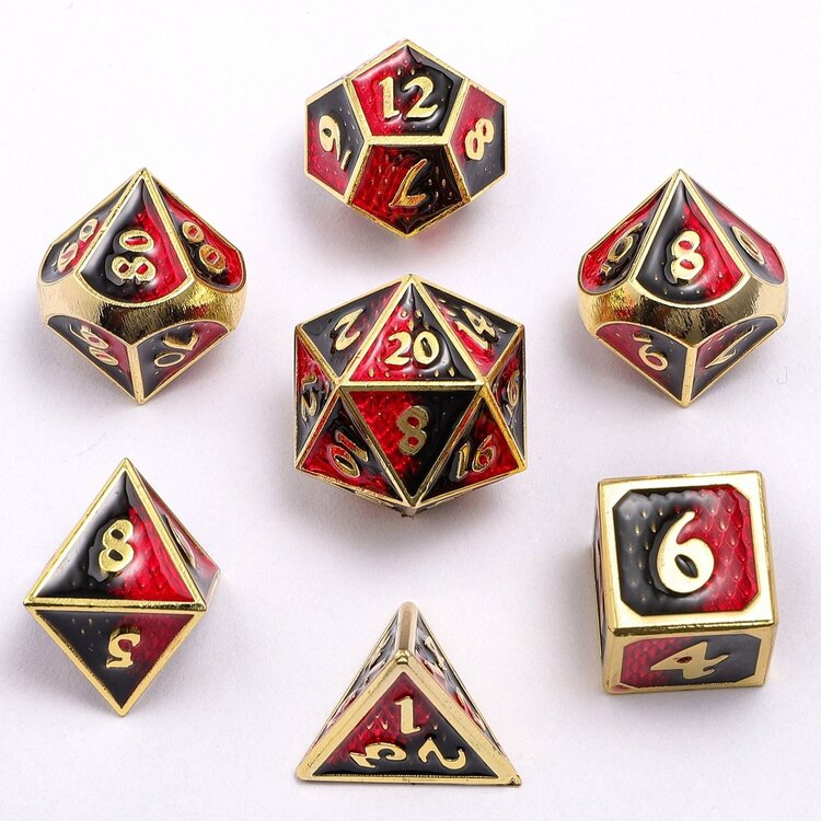 HYMGHO HYMGHO SOLID METAL MINI BEHEMOTH DICE SET - GOLD WITH RED AND BLACK ENAMEL