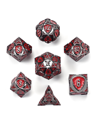HYMGHO HYMGHO SOLID METAL FIGHTER CLASS RPG DICE SET - GUNMETAL W/ RED