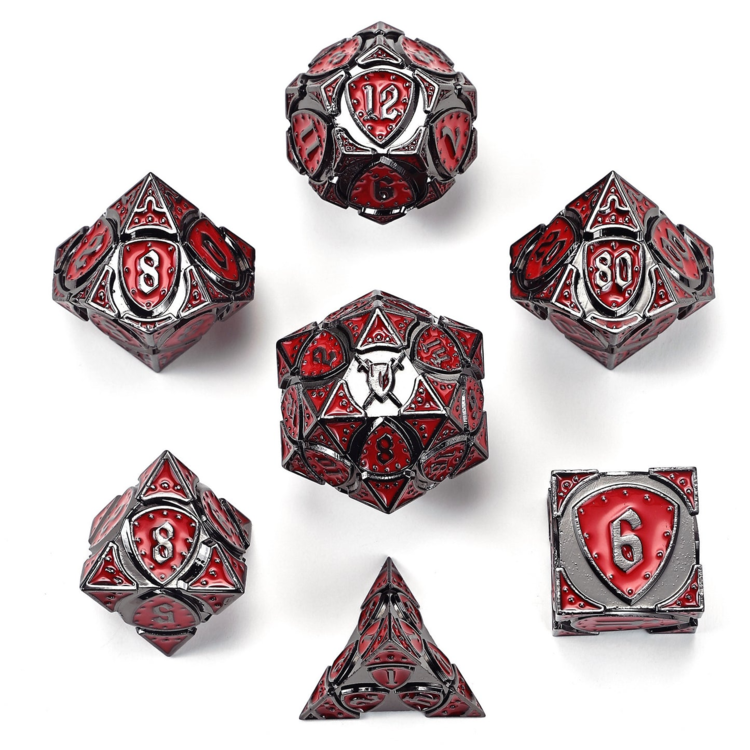 HYMGHO HYMGHO SOLID METAL FIGHTER CLASS RPG DICE SET - GUNMETAL W/ RED