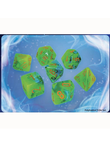 CHESSEX CHX 26470 7 PC POLY DIE SET GEMINI PLASMA GREEN-TEAL/ORANGE