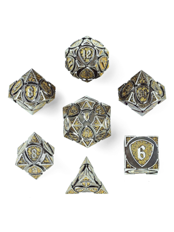 HYMGHO HYMGHO SOLID METAL FIGHTER DICE SET ANCIENT SILVER WITH YELLOW GLITTER