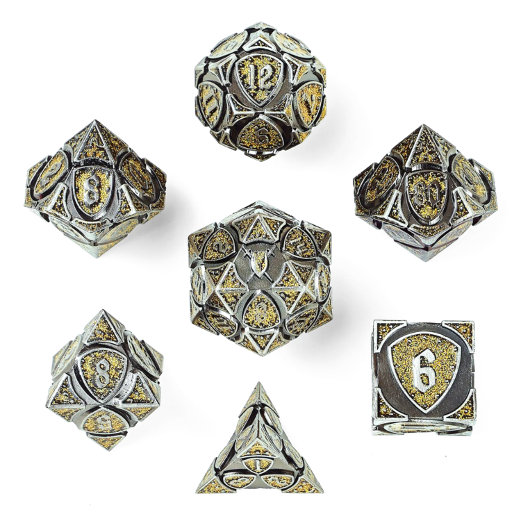 HYMGHO HYMGHO SOLID METAL FIGHTER DICE SET ANCIENT SILVER WITH YELLOW GLITTER