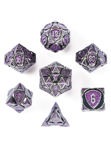 HYMGHO HYMGO SOLID METAL FIGHTER CLASS RPG DICE SET -ANCIENT SILVER W/ PURPLE GLITTERS