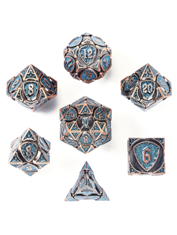 HYMGHO HYMGHO SOLID METAL FIGHTER RPG DICE SET - COPPER W/ BLUE GLITTER