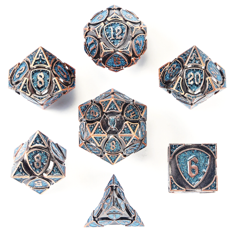 HYMGHO HYMGHO SOLID METAL FIGHTER RPG DICE SET - COPPER W/ BLUE GLITTER
