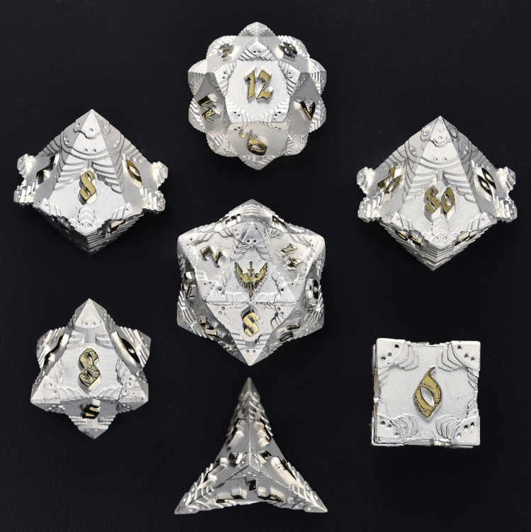 HYMGHO HYMGHO SOLID METAL PALADIN CLASS RPG DICE SET - MATT SILVER W/GOLD
