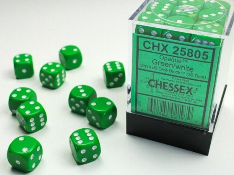 CHESSEX CHX 25805 12MM D6 DICE BLOCK OPAQUE GREEN W/ WHITE