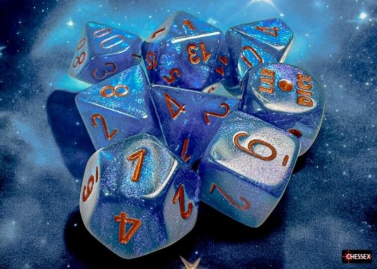 CHESSEX CHX 30069 LAB DICE 7 PC POLY DICE SET BOREALIS MIDNIGHT/COPPER