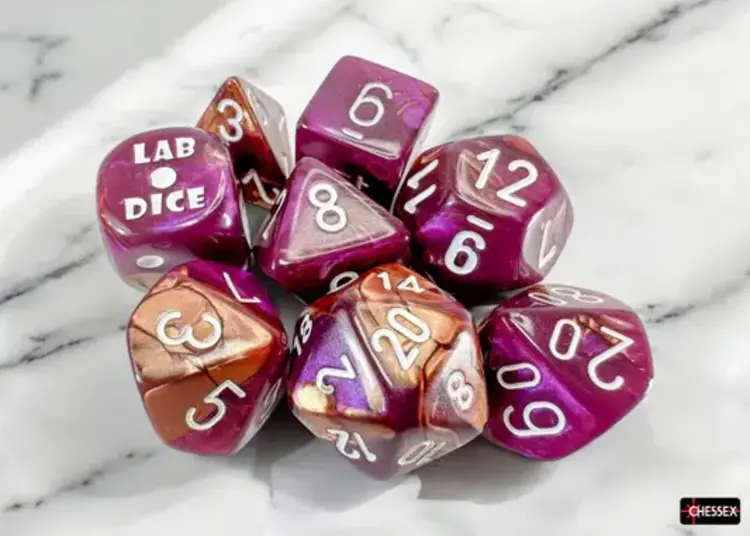 CHESSEX CHX 30071 LAB DICE 7 PC POLY DICE SET GEMINI COPPER PURPLE/WHITE