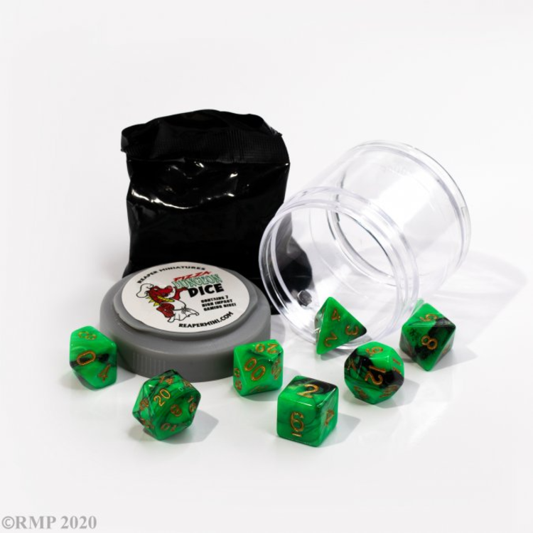 REAPER MINIATURES PIZZA DUNGEON DICE DUAL GREEN & BLACK