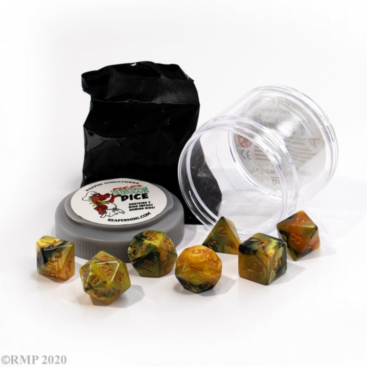 REAPER MINIATURES PIZZA DUNGEON DICE DUAL YELLOW & BLACK