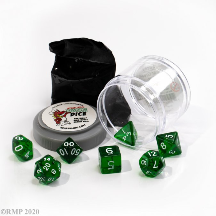 REAPER MINIATURES PIZZA DUNGEON DICE LUCKY CLEAR GREEN