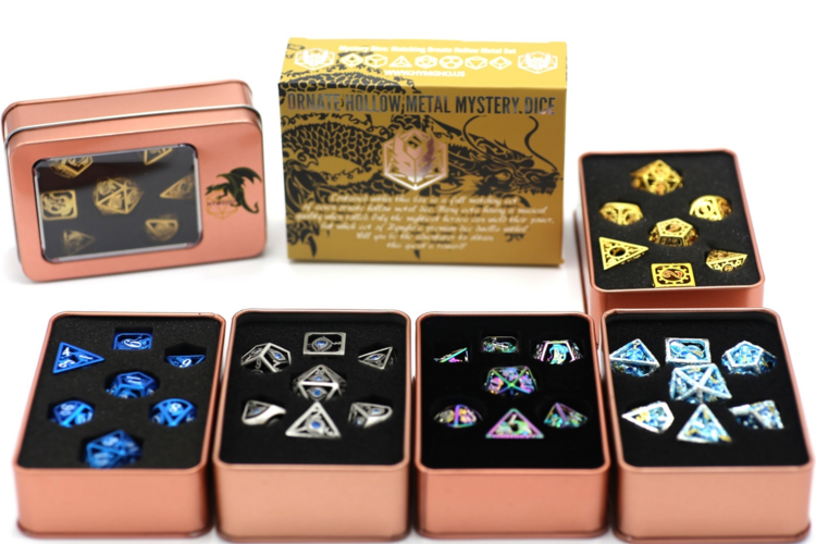 HYMGHO HYMGHO MYSTERY SET 7 MATCHING ORNATE HOLLOW METAL POLYHEDRAL RPG DICE