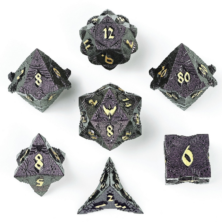 HYMGHO HYMGHO SOLID METAL PALADIN CLASS RPG DICE SET GLITTER - PURPLE W/ GOLD