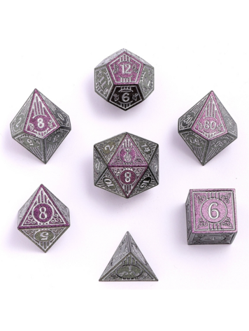 HYMGHO HYMGHO SOLID METAL BARD RPG DICE SET - GLITTER PURPLE W/ SILVER