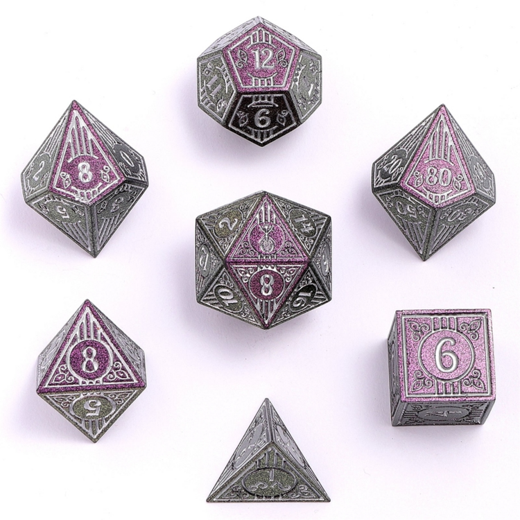 HYMGHO HYMGHO SOLID METAL BARD RPG DICE SET - GLITTER PURPLE W/ SILVER