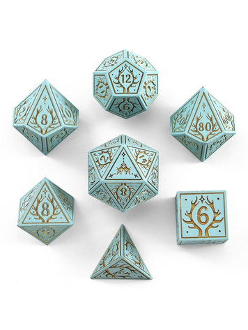 HYMGHO HYMGHO SOLID METAL DRUID RPG DICE SET - PALE CYAN W/ GOLD