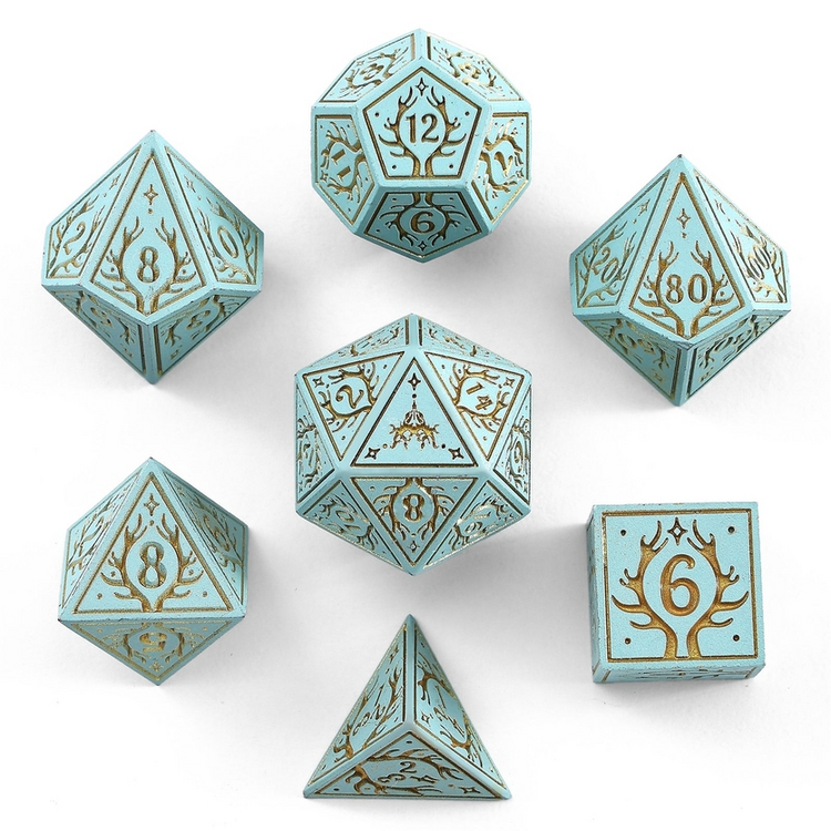 HYMGHO HYMGHO SOLID METAL DRUID RPG DICE SET - PALE CYAN W/ GOLD