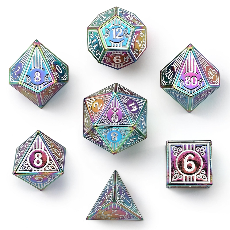 HYMGHO HYMGHO SOLID METAL BARD RPG DICE SET - RAINBOW W/ WHITE