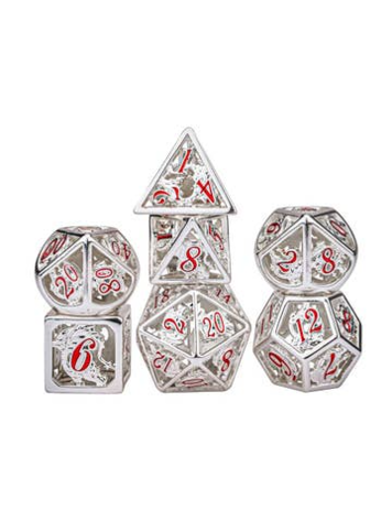 HYMGHO HOLLOW METAL DRAGON DICE SET - MATT SILVER & RED
