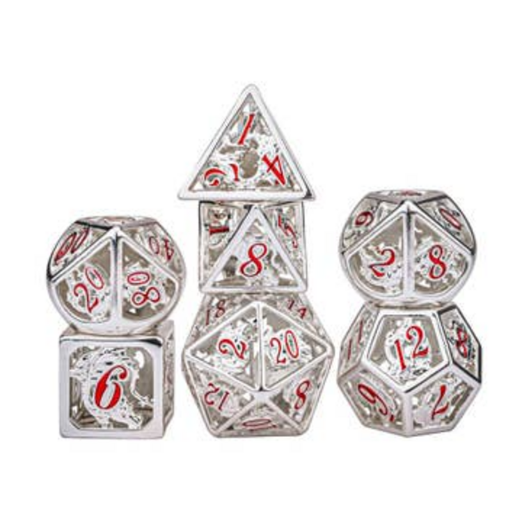 HYMGHO HOLLOW METAL DRAGON DICE SET - MATT SILVER & RED