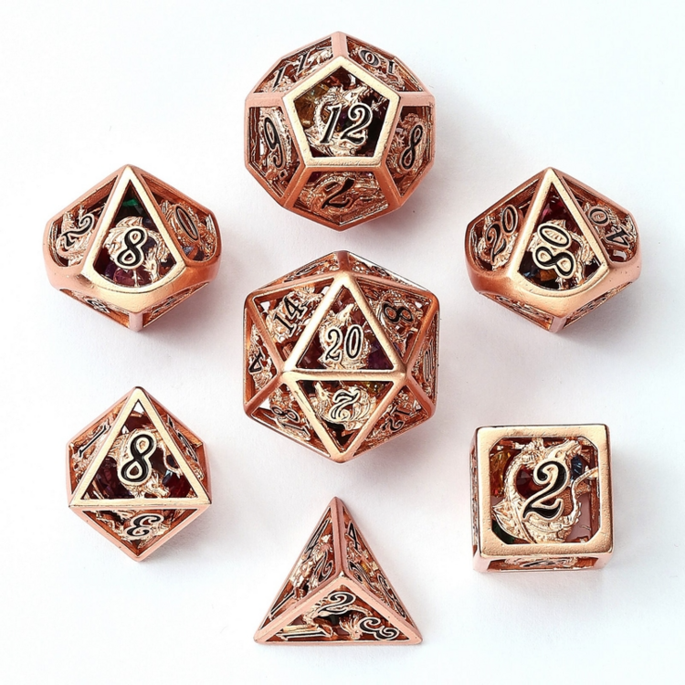 HYMGHO HOLLOW DRAGON DICE SET FILLED WITH GEMS ROSE GOLD DRAGON