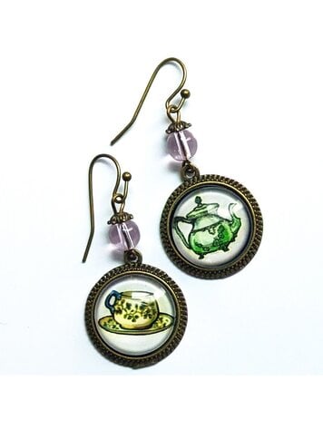 PASTEL TEACUP AND TEAPOT STEAMPUNK VICTORIAN EARRINGS