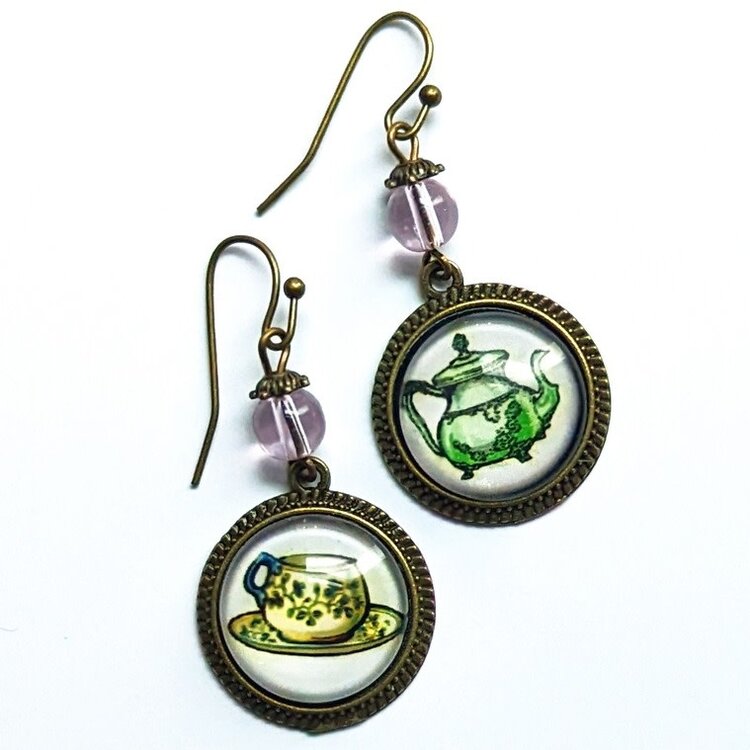 PASTEL TEACUP AND TEAPOT STEAMPUNK VICTORIAN EARRINGS