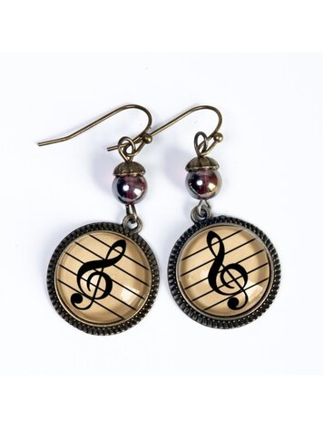 TREBLE CLEF MUSIC DECOUPAGED GLASS CABOCHON DANGLE EARRINGS